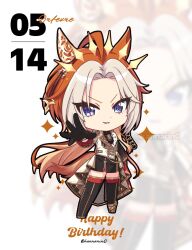  ahoge animal_ears ascot black_ascot black_gloves black_skirt black_thighhighs blue_eyes cape character_name chibi closed_mouth ear_covers gem gloves green_gem happy_birthday highres horse_ears horse_girl horse_tail jacket kanntsukirin long_hair long_sleeves looking_at_viewer multicolored_hair orange_hair orfevre_(control)_(umamusume) orfevre_(umamusume) red_cape single_ear_cover skirt smile tail thigh-highs two-tone_hair umamusume white_hair white_jacket zoom_layer 