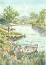  boat commentary_request day foliage highres landscape no_humans original outdoors painting_(medium) paruperu pond rowboat scenery sky traditional_media tree watercolor_(medium) watercraft 