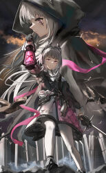  1girl 5mkillifish arknights arm_up black_gloves black_shirt closed_mouth commentary_request english_commentary front-seamed_legwear gloves grey_hair highres holding holding_lantern holding_sword holding_weapon iberia_logo irene_(arknights) lantern long_hair long_sleeves multiple_views outstretched_arm pantyhose parted_lips partial_commentary pink_eyes pink_skirt rapier scar scar_across_eye scar_on_face seamed_legwear shirt skirt sword weapon white_pantyhose white_skirt wind 