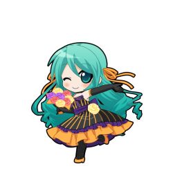 1girl aqua_eyes aqua_hair back_bow black_dress black_gloves black_outline blush bouquet bow chibi chibi_only closed_mouth curled_ends dress dress_bow dress_flower elbow_gloves flower frilled_dress frills full_body game_asset gloves hair_between_eyes hair_ribbon hatsune_miku hatsune_miku_graphy_collection high_heels holding holding_bouquet long_hair looking_at_viewer one_eye_closed orange_ribbon orange_shoes outline outstretched_arm pink_flower pink_rose purple_bow purple_flower purple_rose purple_sailor_collar ribbon rose sailor_collar sash shoes sleeveless sleeveless_dress smile solo standing striped_clothes striped_dress transparent_background vertical-striped_clothes vertical-striped_dress very_long_hair vocaloid waist_sash yellow_flower yellow_rose 