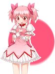  1girl adapted_costume blush bow cleavage_cutout collarbone dress embarrassed gerisita gloves hair_bow heart-shaped_hole jewelry kaname_madoka magical_girl mahou_shoujo_madoka_magica open_mouth pendant pink_dress pink_eyes pink_hair puffy_sleeves ribbon_choker short_sleeves small_breasts solo twintails white_gloves 