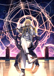 1boy ascot blonde_hair blue_ascot blue_eyes chair commentary_request covered_mouth crossed_legs elbow_rest fate/grand_order fate_(series) full_body gloves gold_trim hair_between_eyes head_rest highres holding holding_staff jacket kainown kirschtaria_wodime long_hair long_sleeves looking_at_viewer mage_staff magic_circle male_focus on_chair outdoors outstretched_arm pants pointing pointing_at_viewer shoes sitting solo staff suit vest white_gloves white_jacket white_pants white_shoes white_suit white_vest 