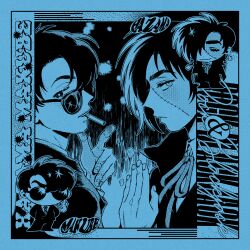  2boys :3 absurdres black_jack_(character) black_jack_(series) blue_theme border character_name chibi chibi_inset closed_eyes closed_mouth collared_shirt commission dusting_off_self film_grain from_side hair_over_one_eye highres long_sleeves looking_at_viewer male_focus monochrome mouth_hold multicolored_hair multiple_boys multiple_views neck_ribbon parted_lips ribbon rock_(tezuka_osamu) scar scar_on_face scar_on_hand shirt short_hair smoke smoking sparkle split-color_hair stitched_face stitched_fingers stitches sunglasses tezuka's_star_system tmd_(nbaequ) upper_body wing_collar 