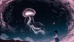  1girl absurdres black_hair black_sailor_collar black_skirt black_sky closed_eyes clouds commentary_request crescent_moon fish flying_fish from_side highres jellyfish moon mountainous_horizon night nor_ni original outdoors profile sailor_collar scenery school_of_fish school_uniform serafuku shirt short_hair skirt sky standing white_shirt wide_shot 