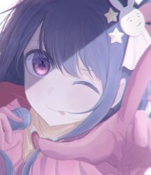  1girl :p ;p arm_up blush chromatic_aberration closed_mouth commentary_request gloves hair_ornament highres holding holding_microphone hoshino_ai l_hand long_hair looking_at_viewer microphone one_eye_closed oshi_no_ko pink_gloves portrait purple_hair rabbit_hair_ornament rayamamami smile solo star-shaped_pupils star_(symbol) star_hair_ornament symbol-shaped_pupils tongue tongue_out violet_eyes 
