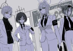  4girls blue_archive breasts collared_shirt commentary_request eyepatch eyewear_on_head fantomyu folded_ponytail halo jacket marina_(blue_archive) mina_(blue_archive) misaki_(blue_archive) monochrome multiple_girls necktie ribbed_sweater shirt short_hair suit sunglasses suou_(blue_archive) sweater turtleneck turtleneck_sweater white_suit wolf_cut 