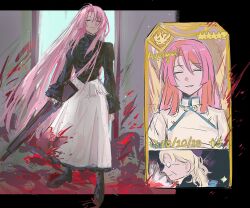  ^_^ ascot black_ascot black_boots black_border black_shirt blood blood_on_clothes blood_on_gun blood_on_weapon blood_splatter blue_trim blunt_bangs blunt_sidelocks boots border breasts card closed_eyes closed_mouth dress english_text frilled_skirt frilled_sleeves frills from_side glasses grey_hair grin gun hair_between_eyes hair_intakes half-closed_eye high_heel_boots high_heels highres holding holding_gun holding_weapon large_breasts long_hair long_skirt long_sleeves nagakura_sayo one_eye_closed ootori_kanae_(soukou_akki_muramasa) outside_border pink_hair red_eyes rifle shirt sidelocks skirt smile soukou_akki_muramasa very_long_hair wams01110011 weapon white_dress white_skirt wrinkled_forehead wrinkled_skin 