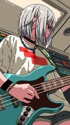  1girl absurdres bass_guitar bracelet chain chain_necklace choker commentary cowboy_shot cutoffs fender_jazz_bass from_below grey_hair grey_shorts half-closed_eyes highres hinomori_shiho indoors instrument jewelry kico_(illmaticblue) looking_to_the_side necklace playing_bass_guitar playing_instrument project_sekai shirt short_hair short_shorts short_sleeves shorts sidelocks solo spiked_choker spikes sweat twitter_username white_shirt wristband 