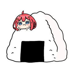  1girl :3 ahoge akino_ell blue_hair blush chibi closed_mouth food food_on_face go-toubun_no_hanayome hair_ornament in_food long_hair mini_person minigirl nakano_itsuki onigiri red_hair rice rice_on_face simple_background solo star_(symbol) star_hair_ornament white_background 