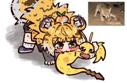  1girl all_fours animal_ear_fluff animal_ears biting blonde_hair blue_shoes bluebird_(leh951025) blush cat commentary_request green_eyes ju_fufu korean_commentary long_hair shoes snake tail tears tiger_ears tiger_girl tiger_tail tooth white_background yellow_fur zenless_zone_zero 