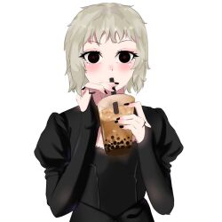  1girl black_dress black_eyes black_nails blonde_hairdress breasts dress drinking_straw drinking_straw_in_mouth fashion highres kagurabachi kaliope3art long_dress nail_polish puffy_sleeves short_hair small_breasts tattoo tea 