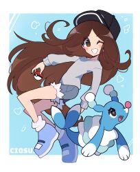  1girl aqua_background art_fight_attack artist_name baseball_cap black_eyes black_hat blue_shoes blush blush_stickers border brionne brown_eyes brown_hair brown_pupils cio_(ciosui) commentary english_commentary eyelashes fangs full_body gift_art grey_shirt grey_shorts grin hat heart highres holding holding_poke_ball long_hair long_sleeves one_eye_closed open_mouth pink_pupils poke_ball poke_ball_(basic) pokemon pokemon_(creature) shirt shoes shorts smile socks teeth torn_clothes torn_shorts very_long_hair white_border white_socks 