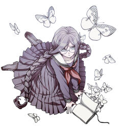  1girl book braid brown_shoes bug butterfly collarbone collared_shirt danganronpa:_trigger_happy_havoc danganronpa_(series) eyelashes from_above fukawa_toko full_body glasses hair_between_eyes hands_on_ground kneeling long_hair long_skirt long_sleeves looking_at_viewer mole mole_under_mouth neckerchief open_book open_mouth purple_hair purple_serafuku purple_shirt purple_skirt red_neckerchief sailor_collar school_uniform serafuku shirt shoes simple_background skirt skirt_set solo third-party_source twin_braids twintails violet_eyes white_background white_sailor_collar zakki 
