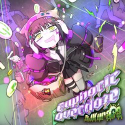  1girl 4boys absurdres album_cover album_name animal_ears asymmetrical_legwear bag baggy_clothes belt black_belt black_choker black_hair black_jacket black_necktie black_skirt blush cat_ears choker colored_inner_hair commentary_request copyright_name cover covering_own_ears desaku djkurara drooling energy_drink facepaint fake_animal_ears foot_belt from_above green_eyes grey_hat hair_ornament hat headphones highres j-core jacket jirai_kei knees_together_feet_apart kurahlab laser leg_warmers looking_at_another mouth_drool multicolored_hair multiple_boys necktie official_art open_mouth pill pink_hair pink_jacket pink_shoes power_symbol radiation_symbol shirt shoes short_hair shoulder_bag skirt smile stage_lights thigh-highs too_many_hair_ornaments white_bag white_shirt white_thighhighs 