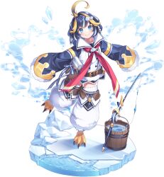  1girl :3 artist_request belt bird_legs blonde_hair blue_eyes blue_hair blue_shirt bucket collar fishing_rod monster_musume_td multicolored_hair multicolored_shirt neckerchief official_art on_ice penguin_girl periri_(monmusu_td) red_neckerchief shirt solo splashing vest waist_bag white_collar white_hair white_shirt white_vest wide_sleeves wooden_bucket yellow_shirt 