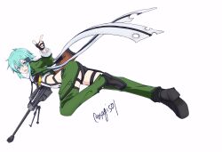  1girl :d ankle_boots anti-materiel_rifle aqua_eyes aqua_hair armored_leotard artist_name asagi501 black_boots black_gloves black_leotard black_shorts black_trim bolt_action boots breasts bullet_hole commentary_request cropped_jacket detached_pants double-parted_bangs fingerless_gloves from_side full_body gloves green_jacket green_pants groin gun hair_between_eyes hair_ornament hairclip high_heel_boots high_heels highleg highleg_leotard highres holding holding_gun holding_weapon jacket leotard long_sleeves looking_at_viewer looking_to_the_side medium_breasts medium_hair messy_hair multicolored_jacket multicolored_leotard open_clothes open_jacket open_mouth pants pgm_hecate_ii pointing pointing_up rifle scarf short_shorts shorts sidelocks simple_background sinon smile sniper_rifle solo sword_art_online tassets thigh_strap torn_clothes torn_scarf twitter_username two-tone_jacket two-tone_leotard variant_set watermark weapon white_background white_jacket white_leotard white_scarf 