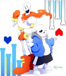 2016 2boys 2d absurdres armor artist_name back-to-back black_shorts blue_jacket blue_shorts bluyumu bone boots brothers clenched_hand commentary digital_media duo english_commentary full_body gloves grey_hood hand_on_own_hip heart height_difference highres hollow_eyes hood hood_down hooded_jacket humanoid jacket long_sleeves male male_focus male_only monster monster_boy multiple_boys one_eye_closed open_clothes open_jacket open_mouth outstretched_arms papyrus_(undertale) pixel_heart red_boots red_gloves red_scarf sans_(undertale) scarf shirt shorts shrugging siblings signature simple_background single_vertical_stripe skeleton slippers standing striped_clothes striped_shorts teeth transparent_background undead undertale utdr_(toby_fox) vertical-striped_clothes vertical-striped_shorts white_armor white_shirt white_slippers white_stripes zipper |_|