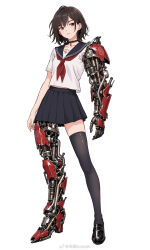  1girl black_choker black_hair black_sailor_collar black_shoes black_skirt black_thighhighs brown_eyes chinese_commentary choker commentary_request earrings full_body highres ichabod jewelry legs_apart loafers looking_at_viewer mechanical_arms mechanical_legs midriff_peek miniskirt neckerchief original parted_lips pleated_skirt red_neckerchief sailor_collar school_uniform serafuku shirt shoes short_hair short_sleeves single_mechanical_arm single_mechanical_leg single_thighhigh skirt solo standing stud_earrings thigh-highs watermark weibo_watermark white_background white_shirt zettai_ryouiki 
