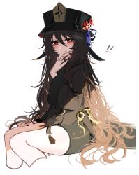  ! !! 1girl absurdres black_nails black_shorts blush brown_hair closed_mouth commentary_request cropped_legs flower flower-shaped_pupils genshin_impact hair_between_eyes hat hat_flower highres hu_tao_(genshin_impact) jewelry long_hair long_sleeves looking_at_viewer magnet_8_8 nail_polish porkpie_hat red_eyes ring shorts simple_background sitting smile solo symbol-shaped_pupils twintails very_long_hair white_background 