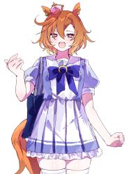  1girl animal_ears blush bow bowtie breasts commentary_request crown hair_between_eyes horse_ears horse_girl horse_tail looking_at_viewer mini_crown open_mouth orange_hair orange_tail pink_crown pleated_skirt poposhika puffy_short_sleeves puffy_sleeves purple_bow purple_bowtie purple_shirt sailor_collar sailor_shirt school_uniform shirt short_hair short_sleeves simple_background skirt smile solo t.m._opera_o_(umamusume) tail thigh-highs tracen_school_uniform umamusume violet_eyes white_background white_sailor_collar white_skirt white_thighhighs 