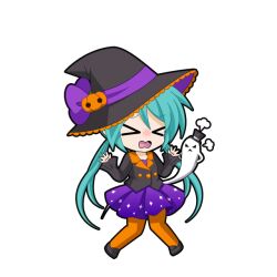  >_< 1girl angry aqua_hair bell_sleeves black_hat black_jacket black_outline black_shoes blush chibi chibi_only dress full_body game_asset ghost halloween hands_up hat hatsune_miku hatsune_miku_graphy_collection head_steam jacket jumping long_hair looking_at_viewer low_twintails nose_blush open_mouth orange_pantyhose outline pantyhose purple_dress raised_inner_eyebrows scared shoes solo star_(symbol) star_print transparent_background twintails very_long_hair vocaloid witch_hat 