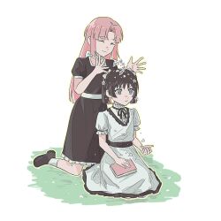  2girls ^_^ aged_down black_dress black_hair black_ribbon black_sash black_shoes blunt_bangs blunt_sidelocks book bow bowtie child closed_eyes contrast_collar dress flower frilled_dress frilled_dress_collar frilled_sleeves frills grey_eyes hair_bow hair_flower hair_intakes hair_ornament height_difference highres holding holding_book kneeling long_hair medium_hair multiple_girls multiple_hair_bows ootori_hanae ootori_kanae_(soukou_akki_muramasa) open_hand outline petals pink_hair puffy_short_sleeves puffy_sleeves ribbon sash shoes short_sleeves siblings sidelocks simple_background sisters sitting smile socks soukou_akki_muramasa throwing throwing_petals twintails waist_sash wams01110011 white_background white_bow white_dress white_flower white_sash white_socks yellow_outline 
