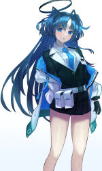  1girl absurdres belt black_gloves blue_archive blue_necktie blush breasts collared_shirt commentary_request embarrassed gloves hair_between_eyes hair_ornament half_gloves halo headgear highres id_card jacket long_hair long_sleeves medium_breasts millennium_science_school_logo necktie open_mouth phone purple_hair shirt simple_background solo suit thighs tongari_kin triangle_hair_ornament two_side_up very_long_hair wavy_mouth white_background white_belt white_jacket white_shirt yuuka_(blue_archive) 