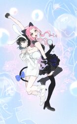  2girls absurdres alien_stage animal_ear_hairband animal_ears arm_up back-to-back black_boots black_dress black_gloves blue_bow boots bow cat_ears cat_tail chinese_commentary closed_mouth commentary_request dress earrings fake_animal_ears gloves green_eyes hairband highres holding holding_microphone jewelry leg_up long_hair microphone mizi_(alien_stage) multiple_girls open_mouth pearl_earrings rabbit_ear_hairband rabbit_ears rabbit_tail sadahalu_ai_la_shi short_hair smile sphere_earrings sua_(alien_stage) tail tail_bow tail_ornament thigh_boots very_long_hair violet_eyes white_boots white_dress white_gloves 