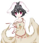  arm_ribbon arms_behind_back black_hair blush bunny_ears dress inaba_tewi jewelry necklace off_shoulder red_eyes ribbon short_hair simple_background touhou usa_ooyake usakou 