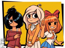  3girls adoptive_siblings ahoge artist_logo artist_name ascot bags_under_eyes black_border black_hair blonde_hair blue_skirt blunt_bangs blush bob_cut border bow bra_strap breast_pocket breasts closed_mouth coco_schoppenboer collared_shirt commentary dark-skinned_female dark_skin dress_shirt english_commentary expressionless eyelashes floating_neckwear freckles grid_teeth grin hair_bow hair_bun hair_over_one_eye halftone halftone_background hand_up highres jitome large_breasts leggings light_frown logo long_hair long_sleeves looking_at_viewer looking_to_the_side loose_hair_strand macartni maya_schoppenboer medium_breasts messy_hair miniskirt multiple_girls mymy_schoppenboer necktie off-shoulder_sweater off_shoulder ongezellig orange_necktie orange_sweater outside_border own_hands_together parody parted_lips pleated_skirt pocket red_bow red_hair red_leggings red_sweater scott_pilgrim_takes_off_(style) shirt short_hair siblings side-by-side single_bare_shoulder single_hair_bun sisters skirt small_breasts smile solid_circle_eyes solid_circle_pupils standing striped_leggings style_parody sweater swept_bangs third-party_source two-tone_leggings v v_arms wavy_hair white_ascot white_border white_leggings white_shirt white_skirt yellow_background 
