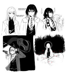  2girls alternate_universe badge beamed_eighth_notes bug butterfly butterfly_on_hand cho_kaguya-hime! closed_eyes commentary diagonal-striped_clothes diagonal-striped_necktie english_commentary english_text flashlight greyscale gun highres hinagi_(fox_priest) holding holding_badge holding_flashlight holding_gun holding_weapon long_hair medium_hair mole mole_under_eye monochrome monster multiple_girls musical_note necktie open_mouth police_badge red_eyes runami_yachiyo sakayori_iroha sheep skull smile spot_color striped_clothes striped_necktie weapon 