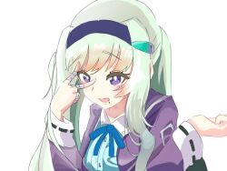  1girl bandaged_fingers bandages birthday blue_ribbon green_hair hairband happy_birthday heaven_burns_red jacket long_hair mole mole_under_eye mole_under_mouth murofushi_risa open_clothes open_jacket purple_jacket ribbon simple_background upper_body user_tuje8334 violet_eyes white_background 