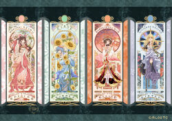  4girls :d absurdres alternate_costume arm_behind_back art_nouveau artist_name autumn_leaves bell black_boots black_capelet black_hat blonde_hair blue_dress blue_eyes blue_flower blue_hair boots bow bowtie braid branch brown_hair camera capelet character_name cherry_blossoms cirno commentary_request crossed_legs detached_wings dress emloste english_text facial_mark floral_print flower flower_request forehead_mark frilled_dress frilled_hair_tubes frills full_body geta ginkgo_leaf gold_trim gradient_clothes gradient_kimono green_bow hair_bow hair_flower hair_ornament hair_stick hair_tubes hakurei_reimu hand_up hat hat_bow hidden_star_in_four_seasons highres holding holding_camera holding_unworn_clothes holding_unworn_hat ice ice_wings iris_(flower) japanese_clothes jingle_bell kimono kirisame_marisa layered_kimono leaf long_dress long_hair looking_at_viewer magnolia maple_leaf multiple_girls neck_ribbon obi one_eye_closed open_mouth orange_flower pink_bow pink_dress pink_flower pink_kimono pink_ribbon print_kimono purple_dress purple_flower purple_kimono red_bow red_bowtie red_eyes red_flower red_hat red_kimono red_sandals ribbon ribbon-trimmed_socks ribbon_trim sandals sash shameimaru_aya short_sleeves single_braid smile socks spring_(season) standing sunflower tengu-geta tokin_hat touhou two-tone_dress unworn_hat unworn_headwear white_dress white_flower white_hat white_socks wide_sleeves wings witch_hat yellow_eyes yellow_flower 