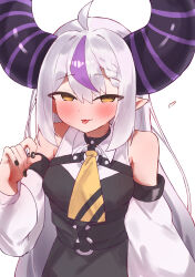  absurdres ahoge black_dress black_nails closed_mouth demon_girl demon_horns dress grey_hair highres hololive horns la+_darknesss la+_darknesss_(1st_costume) long_hair looking_at_viewer multicolored_hair nail_polish pointy_ears purple_streaks sidelocks smile solo streaked_hair tepenchi tongue tongue_out very_long_hair virtual_youtuber yellow_eyes 