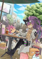  1boy 1girl age_difference bag black_pants cup day drinking food food_on_face goggles goggles_on_head hair_between_eyes happy highres kaiten_muten-maru lab_coat long_hair mojaranmo one_eye_closed open_clothes open_shirt pants pie pie_slice pink_hair ponytail purple_hair red_eyes sharp_teeth stitched_face stitches teeth thia_vent_zoa tuna_(kaiten_muten-maru) vial 