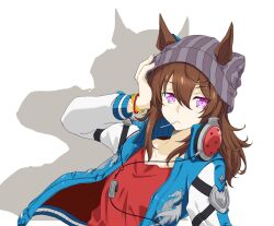  1girl animal_ears asagi501 black_jacket blue_jacket brown_hair candy collarbone collared_jacket commentary_request double-parted_bangs dragon_print drop_shadow ears_through_headwear food food_in_mouth grey_hat hair_between_eyes hand_on_own_head hat headphones headphones_around_neck high_collar highres horse_ears horse_girl jacket light_frown lollipop lollipop_in_mouth long_hair long_sleeves looking_at_viewer messy_hair multicolored_jacket nakayama_festa_(shichuukyuukatsu)_(umamusume) nakayama_festa_(umamusume) open_clothes open_jacket pink_eyes red_shirt shirt simple_background solo striped_clothes striped_headwear umamusume upper_body vertical-striped_clothes vertical-striped_headwear white_background white_jacket 