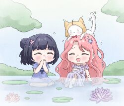  2girls :< ^^^ ^_^ animal animal_on_head bare_arms barefoot beads black_eyes black_hair blue_bow blue_dress blue_sky bow bow_button bowtie bush cat cat_on_head chibi cloak closed_eyes closed_mouth clothed_animal commentary day dot_nose dress dress_flower ear_covers english_commentary flower frown hair_beads hair_bun hair_flower hair_ornament hair_spread_out hands_on_own_chin happy highres hood hood_up hooded_cloak kneeling knees_up lake light_blush lily_pad long_dress long_hair medium_dress momo_(nikki) multiple_girls nikki_(nikki) nikki_(series) nonoberry22 notice_lines on_head open_mouth outdoors partially_submerged pink_flower pink_hair pleated_dress purple_dress purple_flower red_bow red_bowtie scared shining_nikki short_hair short_sleeves single_side_bun sitting sky smile solid_oval_eyes square_neckline strapless strapless_dress stylist_(nikki) tail_raised traditional_bowtie tree v-shaped_eyebrows very_long_hair water_lily_flower wavy_hair wet white_cat yellow_cloak 