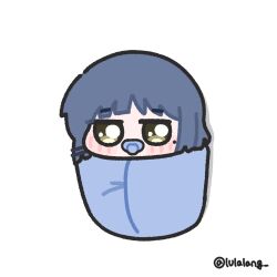  1girl aged_down baby blue_hair blush bocchi_the_rock! chibi chibi_only green_eyes highres jitome looking_at_viewer lulalang mole pacifier solo swaddled twitter_username white_background yamada_ryo 