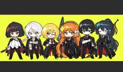  2boys 4girls :o black_eyes black_hair black_jacket black_pants blonde_hair blue_eyes blue_hair bow bright_pupils chibi cigarette collared_shirt don_quixote_(project_moon) e.g.o_(project_moon) faust_(project_moon) freckles frown full_body green_eyes grey_hair hair_bow highres holding holding_mace holding_polearm holding_shield holding_sword holding_weapon hong_lu_(project_moon) ishmael_(project_moon) jacket jacket_on_shoulders lcb_uniform_(project_moon) letterboxed limbus_company long_hair looking_at_viewer mace multiple_boys multiple_girls necktie one_eye_closed open_mouth orange_eyes orange_hair pants pinch_(nesume) polearm ponytail project_moon red_eyes red_necktie renketsuen_(e.g.o) ribbed_sweater ryoshu_(project_moon) shield shirt short_hair simple_background smile sparkle sweater sword very_long_hair weapon white_bow white_pupils white_shirt yellow_background yi_sang_(project_moon) 