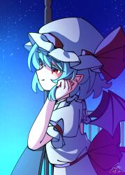  1girl back_bow back_cutout bat_wings blue_hair bow closed_mouth clothing_cutout commentary_request from_side hat hat_bow highres illust_atelier3 medium_hair mob_cap one-hour_drawing_challenge pointy_ears red_bow red_eyes remilia_scarlet shirt signature skirt skirt_set smile solo touhou white_hat white_shirt white_skirt wings 