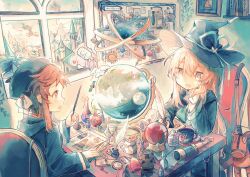  2girls absurdly_detailed_composition animal_bag armillary_sphere asymmetrical_sidelocks black_hat black_robe blonde_hair book brown_eyes brown_hair bulletin_board candy candy_jar candy_wrapper cat chair chess_piece clouds commentary_request crystal_ball cup double-parted_bangs elbow_on_table elbow_rest fantasy flask floating floating_object food globe hair_between_eyes hand_on_own_chin hat hat_ribbon head_rest highres holding holding_quill holding_wand hooded_robe horse hourglass indoors inkwell jar loaded_interior long_hair long_sleeves looking_at_another magic magnifying_glass monocular moon multiple_girls on_chair open_mouth original paper pawn_(chess) picture_frame plant potted_plant quill remoanpu ribbon robe round-bottom_flask satellite shelf short_hair_with_long_locks sidelocks sitting sweatdrop table tea teacup telekinesis town toy_horse wand white_ribbon window witch witch_hat 