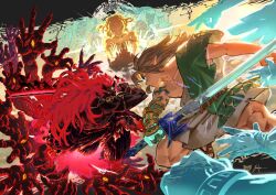  blonde_hair braid commentary earrings english_commentary furry furry_female furry_male ganondorf hair_ornament highres holding holding_sword holding_weapon jewelry link long_hair master_sword mineru_(zelda) multiple_boys multiple_girls muscular naokuren pointy_ears princess_zelda rauru_(tears_of_the_kingdom) red_hair riju short_hair sidon sonia_(zelda) sword the_legend_of_zelda the_legend_of_zelda:_tears_of_the_kingdom tulin_(zelda) very_long_hair weapon yunobo zonai 