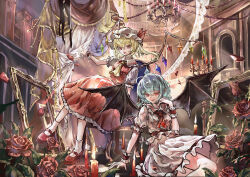  2girls absurdres ascot bat_wings blonde_hair candle chandelier collared_shirt commentary_request crystal crystal_wings flandre_scarlet flower frilled_shirt_collar frilled_wrist_cuffs frills hat highres indoors mary_janes missing_headwear mob_cap multicolored_wings multiple_girls one_side_up picture_frame puffy_short_sleeves puffy_sleeves red_ascot red_eyes red_flower red_rose red_shoes red_skirt red_vest red_wrist_cuffs remilia_scarlet rose shirotsuchi_(sjt6e) shirt shoes short_sleeves siblings sisters sitting skirt skirt_set touhou vest white_hat wings wrist_cuffs yellow_ascot 