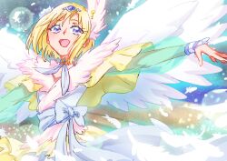  1boy angel_wings aoizumi_(eichinohikari) blonde_hair blue_eyes bubble commentary_request cure_infini feathers highres hugtto!_precure light_particles long_sleeves looking_at_viewer magical_boy male_focus petals precure see-through_clothes see-through_sleeves smile solo wakamiya_henri wings 