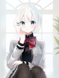  1girl absurdres black_pantyhose black_shirt black_skirt blue_eyes blush bow bowtie breasts closed_mouth collared_shirt commentary_request elizabeth_tower grey_jacket hair_ornament hairclip highres jacket long_sleeves looking_at_viewer medium_breasts open_clothes open_jacket pantyhose parallel_hairclips rabi_shukensei red_bow red_bowtie shirt short_hair siesta_(tantei_wa_mou_shindeiru) skirt smile solo tantei_wa_mou_shindeiru upper_body white_hair x_hair_ornament 