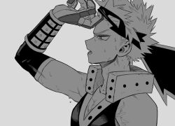  1boy arm_up bakugou_katsuki bangs_pinned_back bare_shoulders boku_no_hero_academia collarbone commentary_request crosshatching detached_sleeves dripping_sweat eye_mask facial_hair from_side furrowed_brow gloves grey_background greyscale hatching_(texture) headgear linear_hatching looking_ahead lower_teeth_only male_focus mask mask_lift mask_on_head monochrome mori_dosukoi open_mouth partial_commentary portrait profile scar scar_on_shoulder short_hair sideburns_stubble simple_background solo spiky_hair stubble sweat tank_top teeth tsurime two-sided_gloves v-neck wrist_guards 