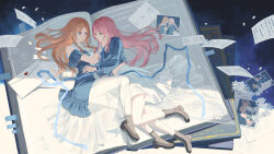  2girls bang_dream! bang_dream!_it's_mygo!!!!! black_boots blue_eyes blue_jacket book boots brown_hair chihaya_anon commentary_request grey_eyes hand_on_another's_waist highres jacket long_hair lying midriff multiple_girls nagasaki_soyo oversized_object photo_(object) pink_hair sidelocks skirt white_skirt xukong yuri 