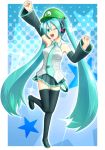  1girl aqua_eyes aqua_hair arm_up artist_request black_legwear breasts detached_sleeves hat hatsune_miku headphones long_hair necktie open_mouth outstretched_arm skirt smile solo super_mario_bros. thigh_boots thighhighs twintails vocaloid wink 