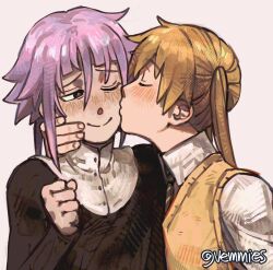  1boy 1girl black_rob black_robe blush brown_sweater_vest brown_vest closed_eyes collared_shirt dress_shirt hand_on_another's_cheek hand_on_another's_face highres kiss long_sleeves looking_at_another necktie pink_eyes pink_hair robe shirt short_twintails simple_background smile striped_clothes striped_necktie sweater_vest twintails upper_body vemmies vest white_shirt 