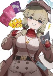  +++ 1girl bag belt black_belt blue_archive blue_halo blunt_bangs blush breasts brown_coat brown_hat coat commentary_request cowboy_shot credit_card dot_nose green_eyes green_hair grin halo hat highres holding holding_notebook jewelry large_breasts layered_sleeves long_sleeves looking_at_viewer mosuroshyu necklace notebook open_clothes open_coat pants red_shirt ribbed_sweater shirt short_hair simple_background smile solo sweater thick_eyebrows turtleneck turtleneck_shirt v-shaped_eyebrows white_background white_pants white_sweater yakumo_(blue_archive) 